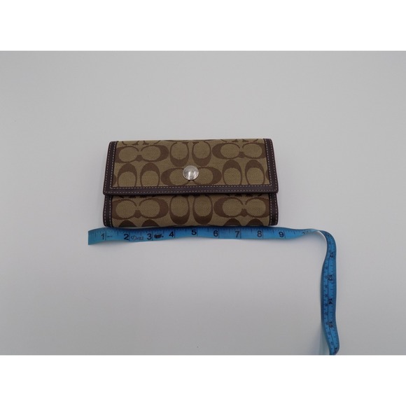 Coach Brown Signature Coated Canvas Trifold Wallet Authentic Purse - Picture 1 of 5
